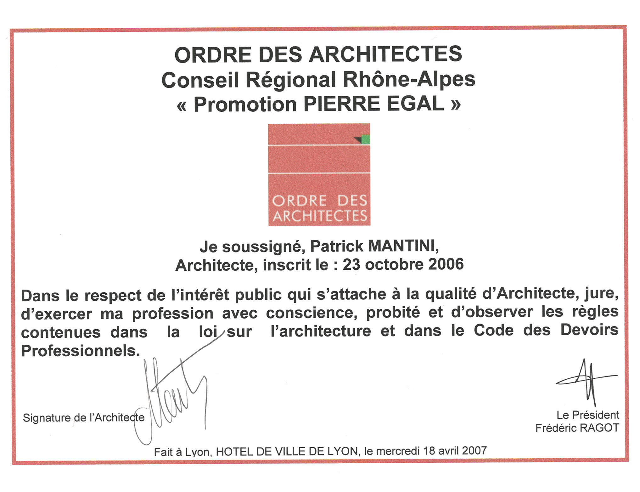 INSCRIPTION ORDRE ARCHI 2006